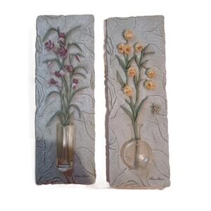 Pair of Chen Tlun Signed 3D Resin Wall Plaques Flowers.